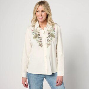 Denim & Co. Placed Floral Print Button-Front Shirt - Size Large a643234